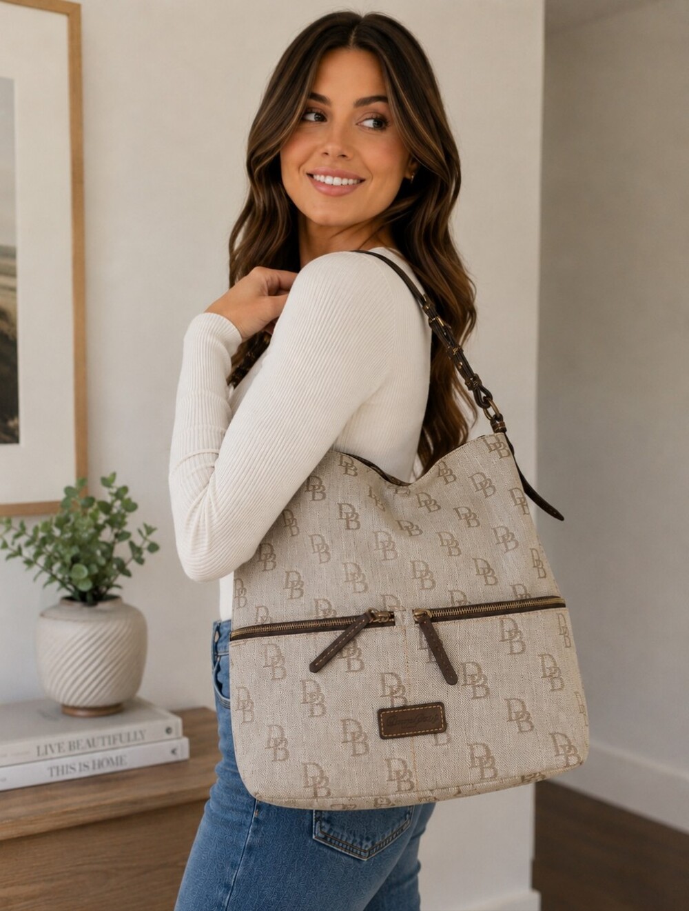 Dooney & Bourke Signature Beige Logo Canvas Shoulder Bag